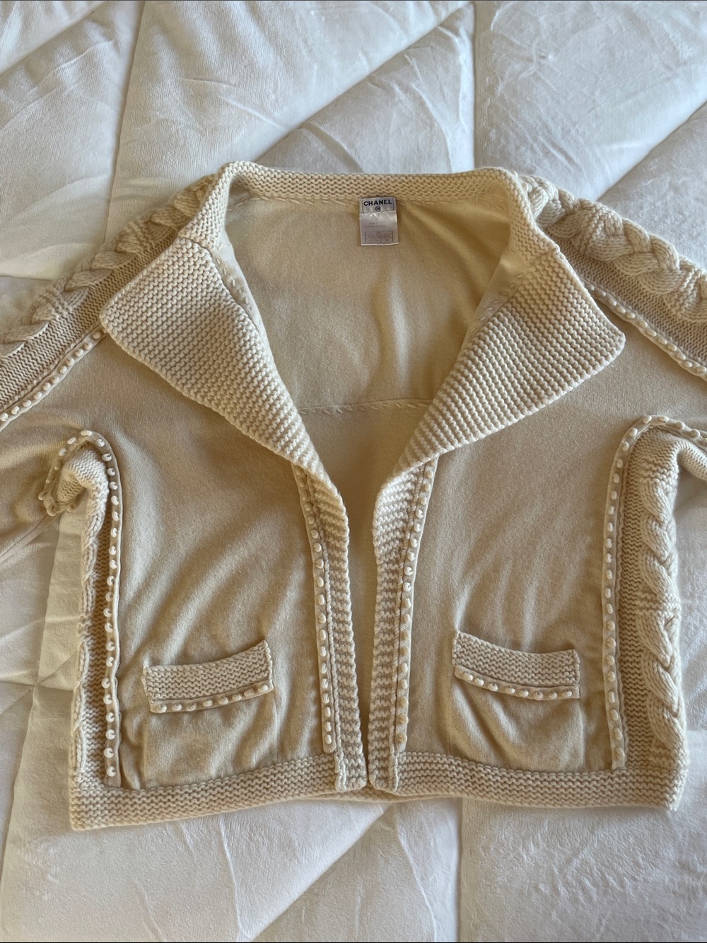 Auth.CHANEL Cream Cable Knit Cardigan Sweater Bolero Loose Fit 38 - Picture 6 of 16